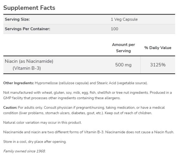 Niacinamide /Vitamin B-3/ 500 mg / 100 Caps - Image 2